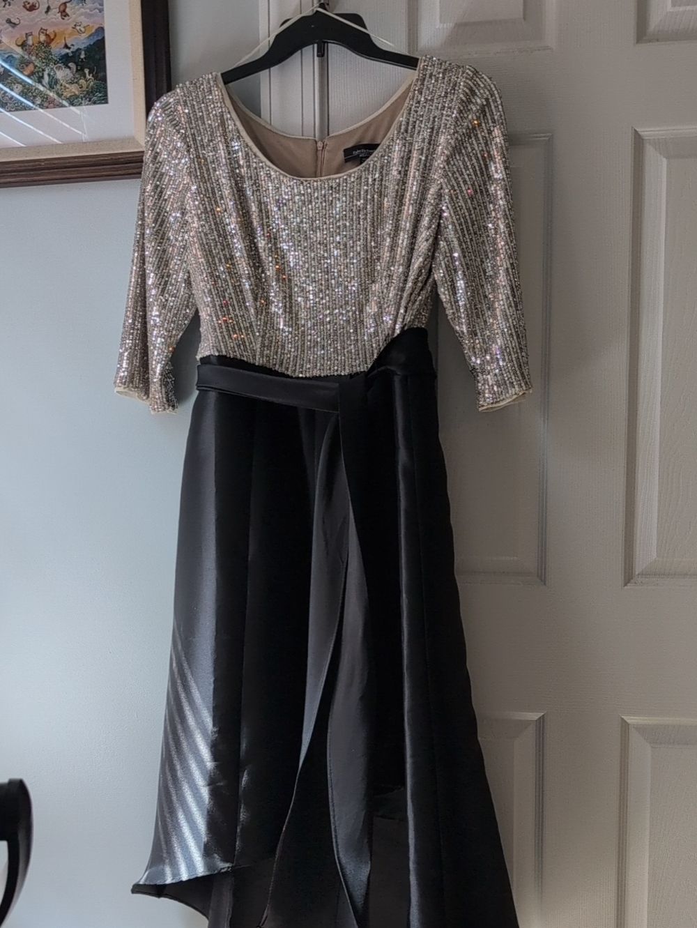 PR&M Richards High/Low Gold Sequin Bodice Black Satin Skirt Evening Dress